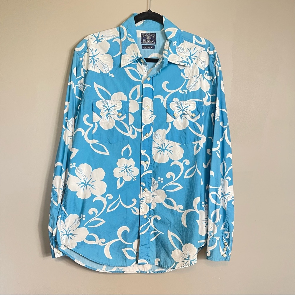 Lucky Brand Men’s Medium Blue Diamond Pearl Snap Shirt Western Cowboy Casual